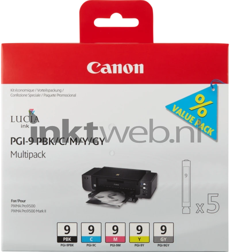 Canon PGI-9 Multipack PBK, C, M, Y, GY Zwart En Kleur (Origineel)