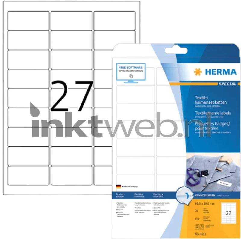 Herma 4511 Verwijderbare textiele naametiket 63,5 x 29,6mm wit