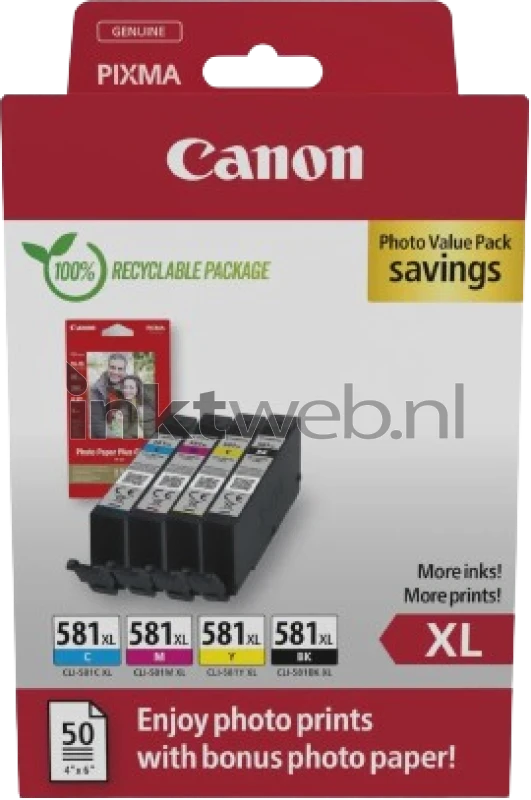 Canon CLI-581XL 4-pack met fotopapier zwart en kleur